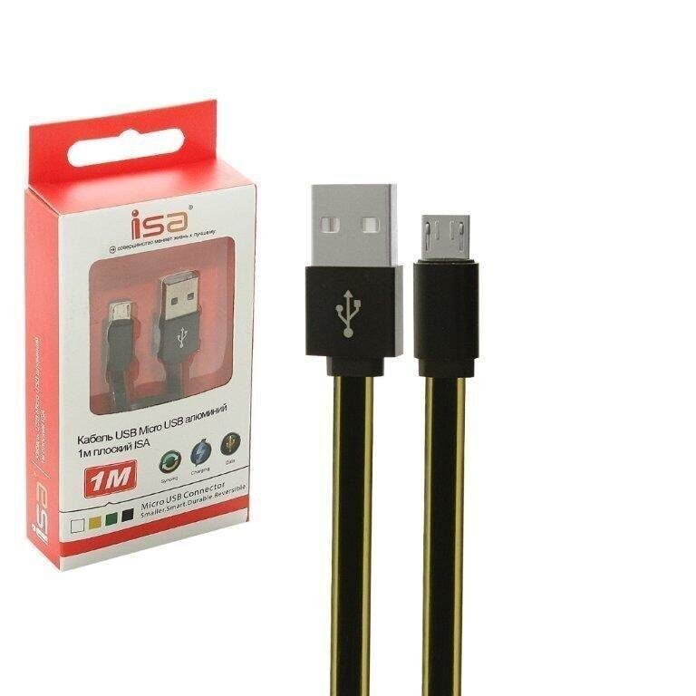 Кабель ISA USB Micro USB 1m Metal color плоский провод, черный