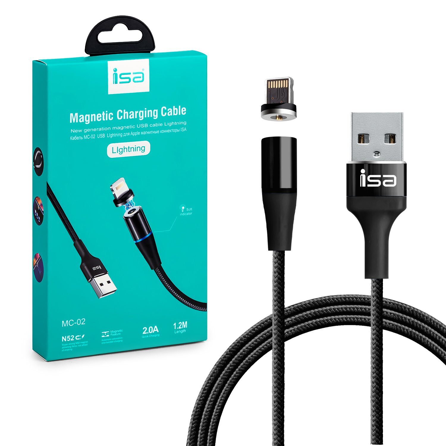 Кабель ISA USB Lightning MС-02 магнитный USB, черный