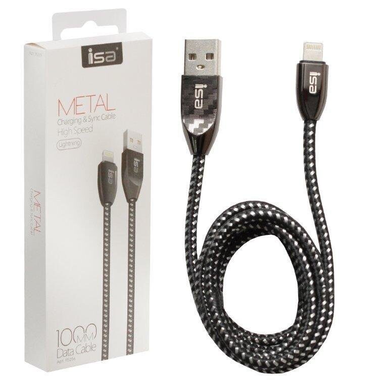 Кабель ISA USB Lightning 1m 2.1A Nylon+Metal, черный